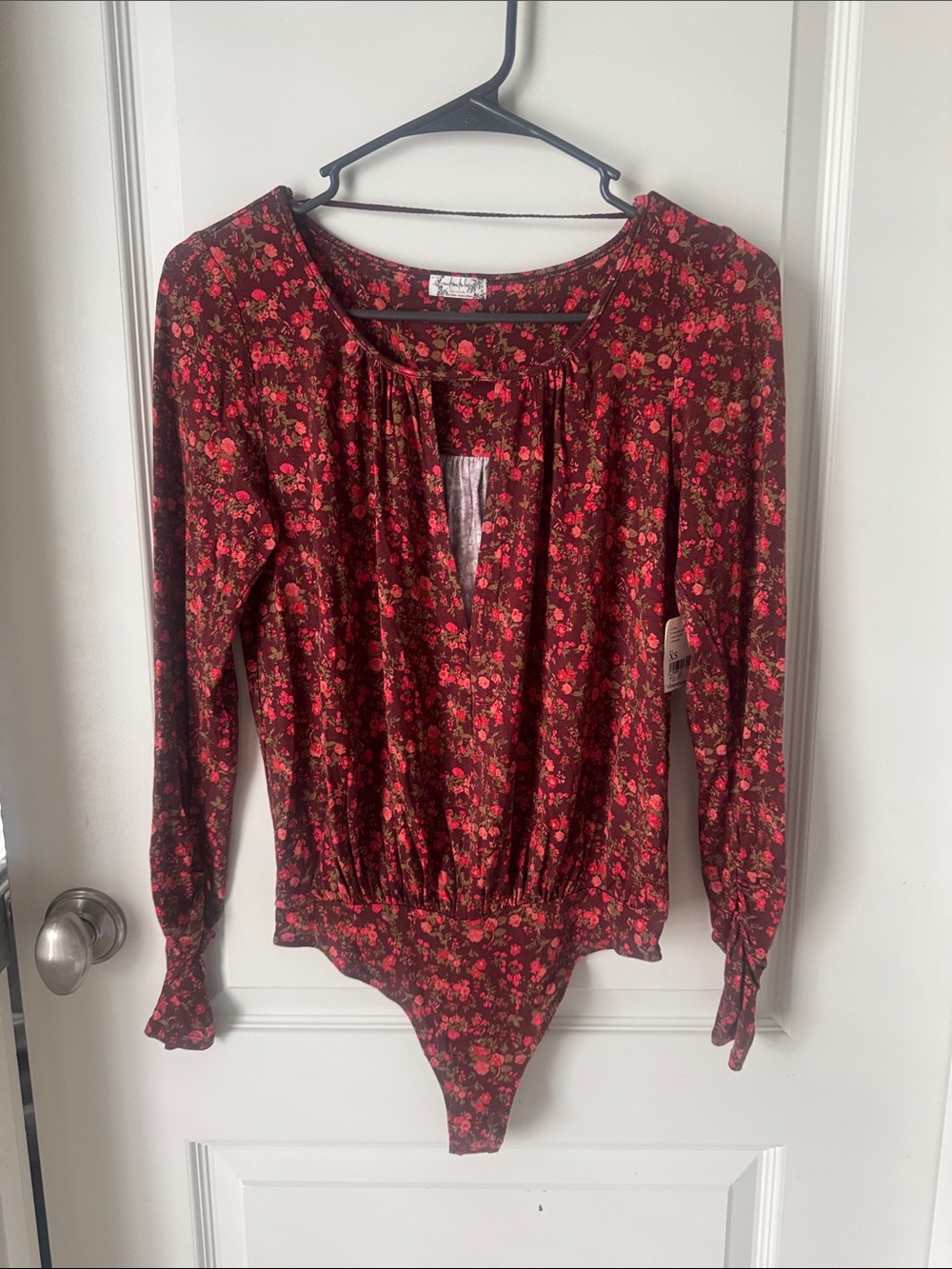 Free People Burgundy Floral Long-Sleeve Bodysuit
